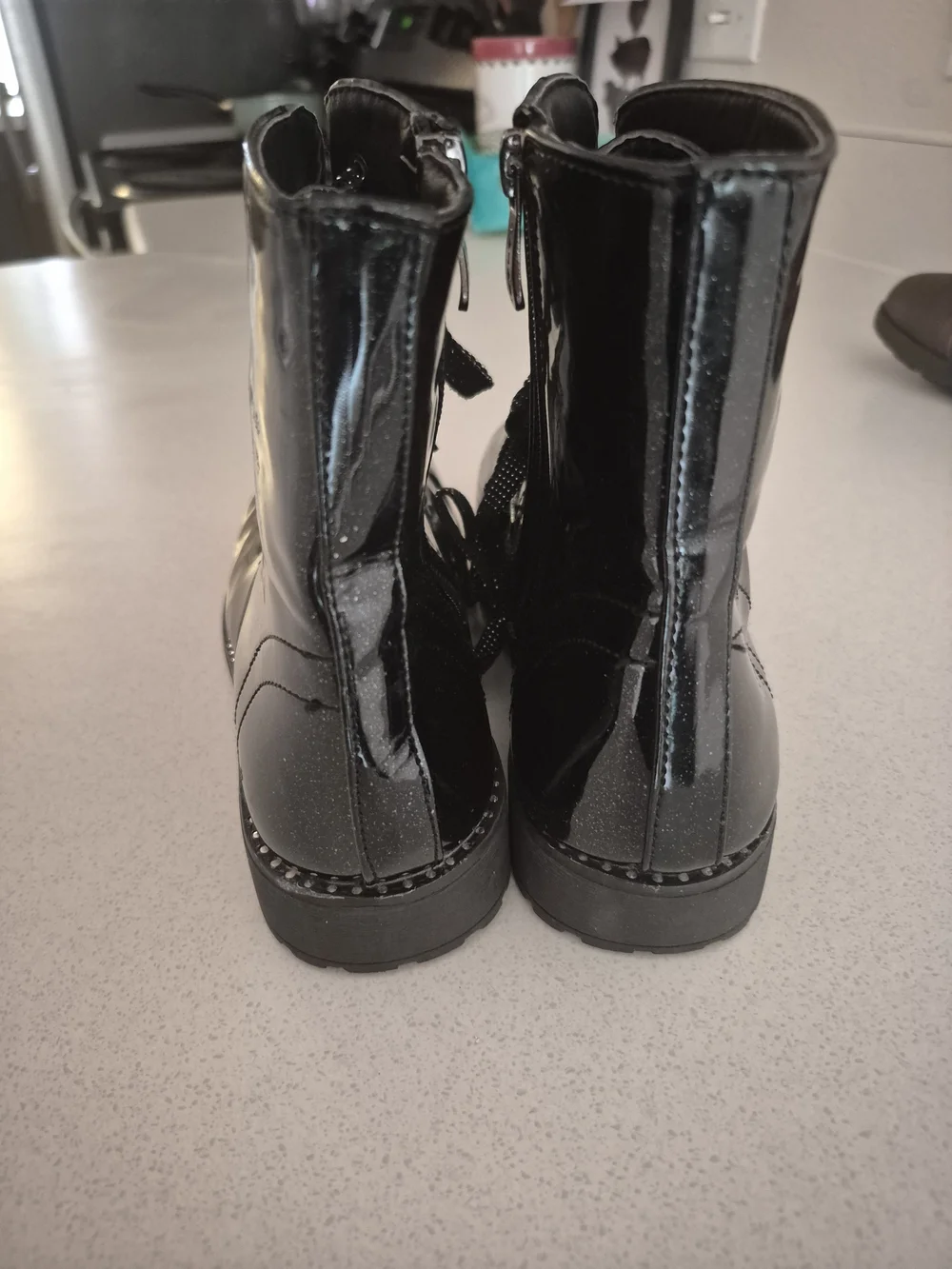 Girls' Black Glitter Patent Lace-Up Ankle Boots